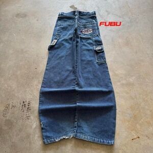 Baggy Fubu Carpenter Embroidered Wide Leg Jnco Styl Denim Y2k Vintage Jeans 30
